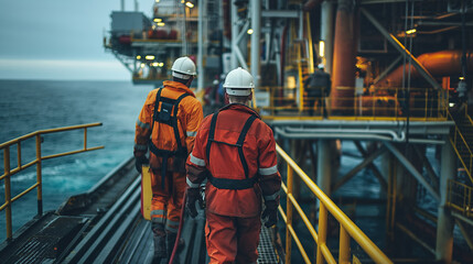 Fototapeta premium Oil and gas workers on an offshore industrial platform by the ocean.