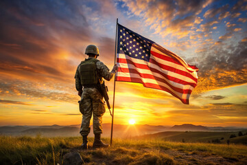 Soldier and USA flag on sunrise background