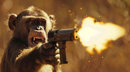 A monkey is holding a gun and shooting a bullet