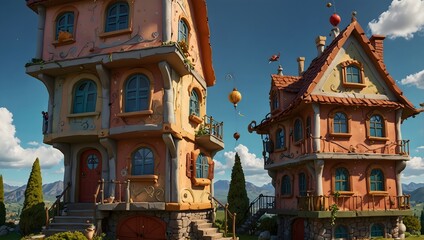  The fantastical details of a cartoon house exterior, where gravity seems optional and imagination knows no bounds ai_generated