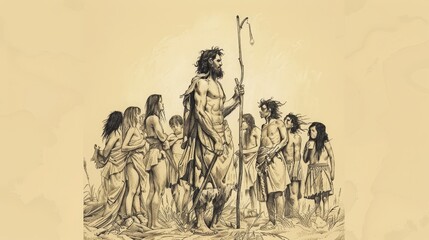 John the Baptist with Jesus, Baptism in Jordan, Dove and Holy Spirit, Biblical Illustration, Beige Background, Copyspace
