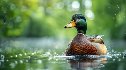 Obraz premium A mallard duck swims through a serene pond, its feathers glistening in the sunlight, surrounded by lush greenery.