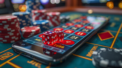 3D online casino with smartphone or mobile phone, dice, cards, and roulette on a green table.generative ai