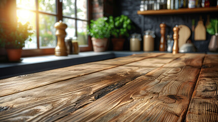 Wood table top on blurred kitchen background. can be used mock up for montage products display or design layout.generative ai