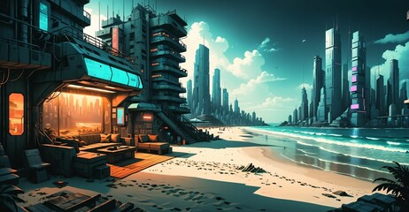 cyberpunk city desert wasteland oasis. sci-fi lo-fi futuristic town buildings and skyscrapers. urban technological cityscape with river water. - Powered by Adobe