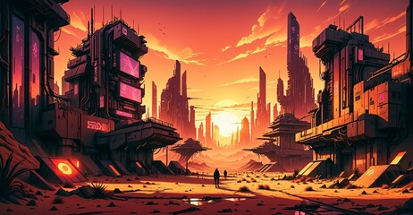 cyberpunk desert wasteland city sunset. post apocalyptic sci-fi lo-fi town futuristic buildings and skyscrapers. landscape with mountains in horizon.