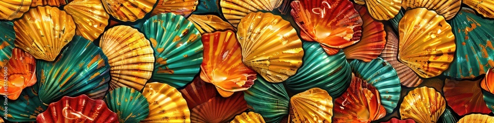 Wall mural A colorful display of shells with a variety of colors including green, yellow