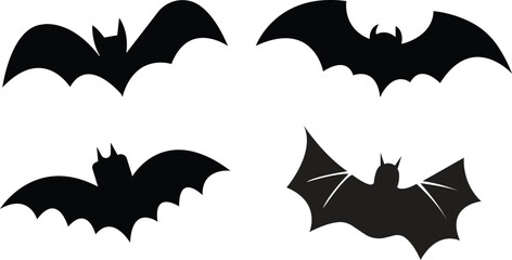 Set of sticker with mouse for Halloween decorations. Black Fill icons with animals from different sides flies, hangs, sleep. Bat horror, Flying fox night creatures isolated on transparent background.