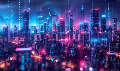 Big data in smart cities, digital data analysis, holographic interface, futuristic urban landscape, high detail, realistic illustration, neon elements, modern technology