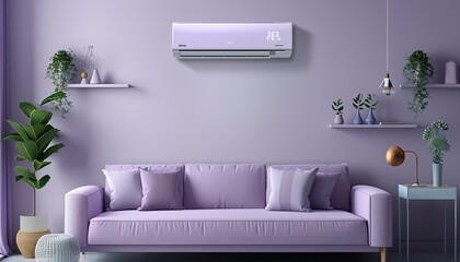 A living room with a purple couch and a purple air conditioner