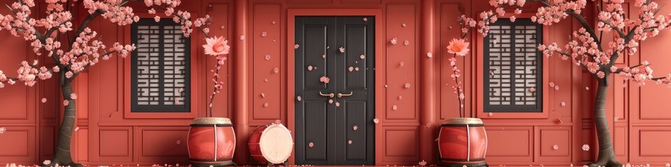 Obraz premium A red building with a black door and two red flower pots