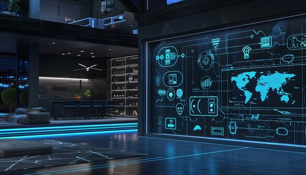A futuristic room with a large screen on the wall that shows a map of the world