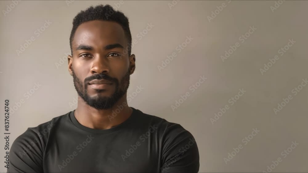 Wall mural Confident African American Millennial Man Poses in Studio in Black T-Shirt. Concept Portrait Photography, Studio Photoshoot, African American Male, Confidence Poses, Black T-Shirt - Wall murals