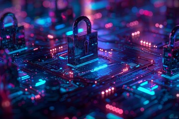 Big data security, encrypted data, digital padlock, futuristic interface, high detail, cyber elements, neon lights, 3D rendering, blue and purple hues