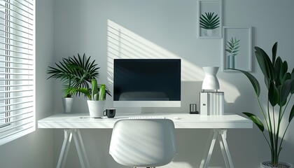 A white desk with a computer monitor and a keyboard