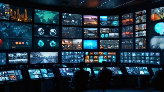 A dark room with many computer screens showing various data and a person sitting in front of them.