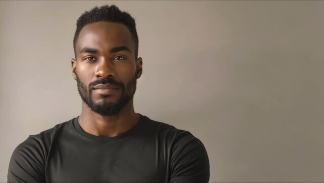 Confident African American Millennial Man Poses in Studio in Black T-Shirt. Concept Portrait Photography, Studio Photoshoot, African American Male, Confidence Poses, Black T-Shirt