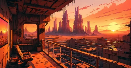 Papier peint photo Marron desert cyberpunk wasteland lo-fi sci-fi post apocalyptic city balcony terrace view from skyscraper building at sunset. landscape cityscape cyber town slum ghetto.  © Shane Sparrow