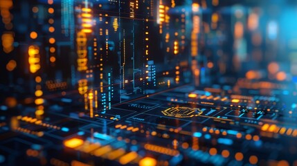 Blockchain in finance, digital currency exchange, holographic charts, futuristic office, high detail, realistic illustration, blue and gold tones, modern technology