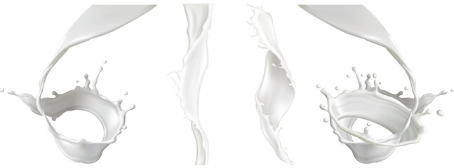 Set of Delicious Close-up High-Quality 3D Rendering Milk Pouring Swirl Splash, Splash of Milk and Cream, Dynamic State Isolated mockup for graphic design, Cut out, isolated on transparent background.