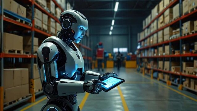 The video depicts a humanoid robot standing in a warehouse, holding a tablet.