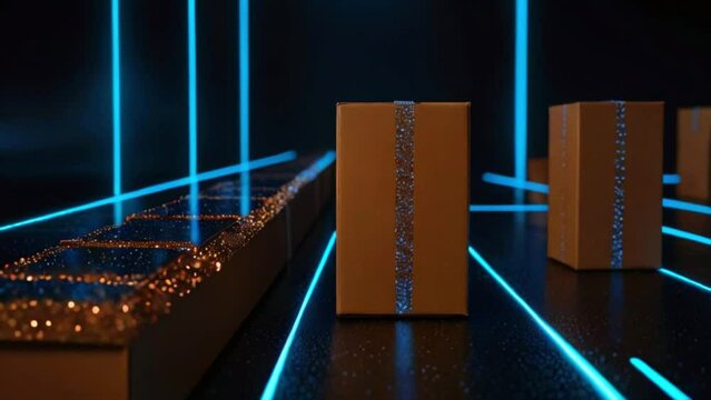 There are two open boxes on a conveyor belt with bright blue lights on either side.