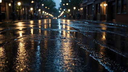 A picture of a city street adorned with shimmering raindrops, each one reflecting the glow of streetlights like tiny jewels ai_generated