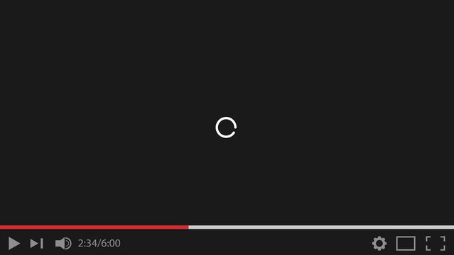 YouTube video player screen loading footage due to slow internet speed. Loading circle animation. Download data