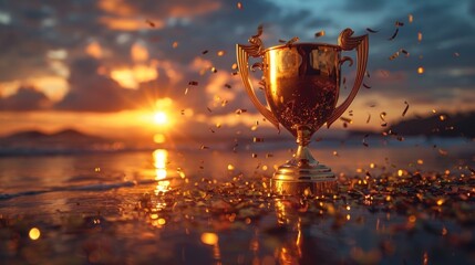 Winner, Golden Cup. A golden trophy sits on a beach at sunset, with confetti falling around it
