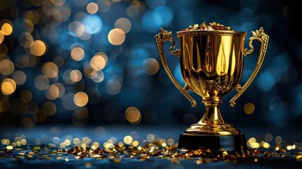 Winner, Golden Cup. A gold trophy with two handles sits on a dark blue background with confetti and bokeh lights in the background