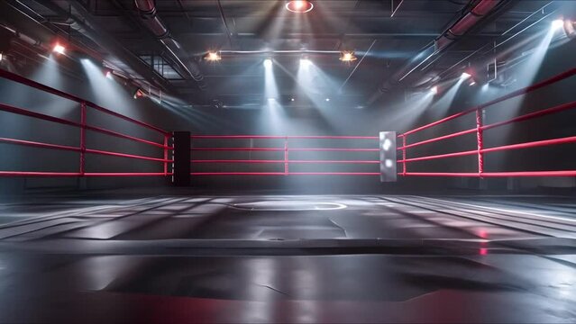 Empty boxing ring with red ropes and spotlights in dark room. Concept Boxing Ring, Red Ropes, Spotlights, Dark Room, Fighter Training