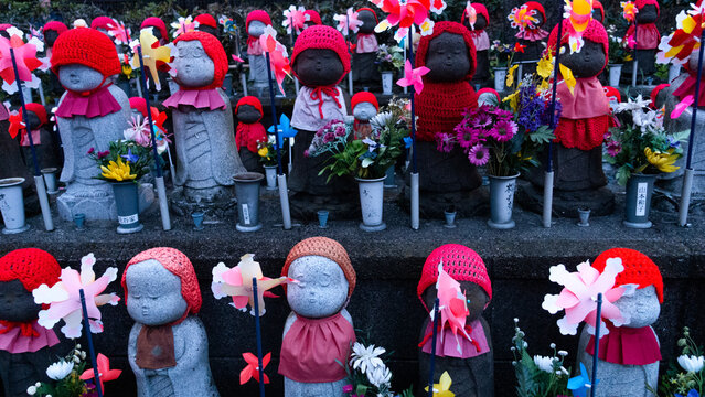 Tokyo, Japan APRIL 2024: Mizuko, Senjo-chori Jizosonson of Zojoji Temple (Minato-ku, Tokyo). Mizuko is the term used in Japan to refer to the souls of children who died before birth or shortly after.