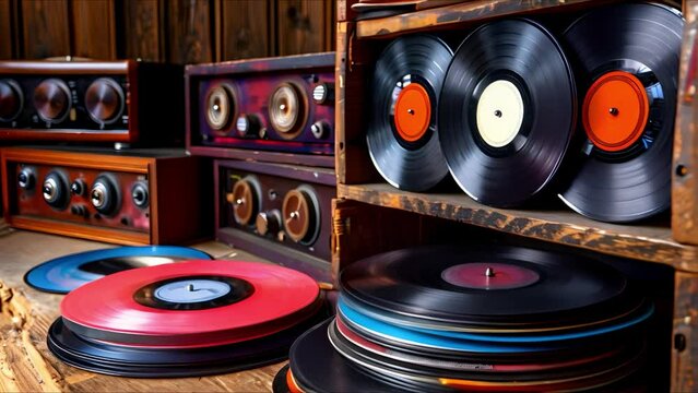 Vintage audio equipment and vinyl records for music enthusiasts in retro style. Concept Music, Vintage, Audio Equipment, Vinyl Records, Retro Style