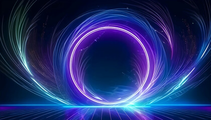 Obraz premium Luminous blue and purple neon circle on dark background Abstract blue and purple glowing circle Digital art: blue and purple neon circle on black background