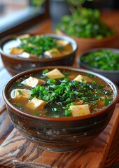 Miso Soup - Traditional soup with tofu, seaweed, and green onions. 
