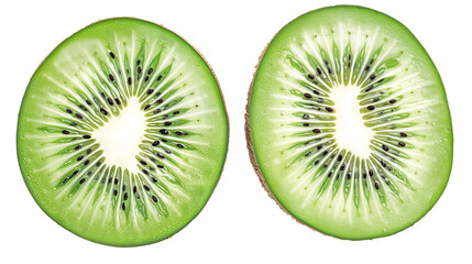 Fototapeta premium Two pieces of kiwi fruit, each with green skin and black seeds cut in half on a transparent background