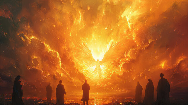 Pentecost. The descent of the Holy Spirit on the followers. People in front of a bright fire with white dove. Digital painting.generative ai