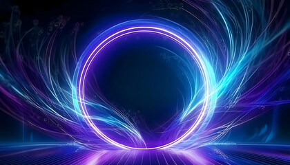 Obraz premium Luminous blue and purple neon circle on dark background Abstract blue and purple glowing circle Digital art: blue and purple neon circle on black background