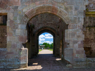 Looking out through the gatehouse at Raglan Castle (Wales, United Kingdom)