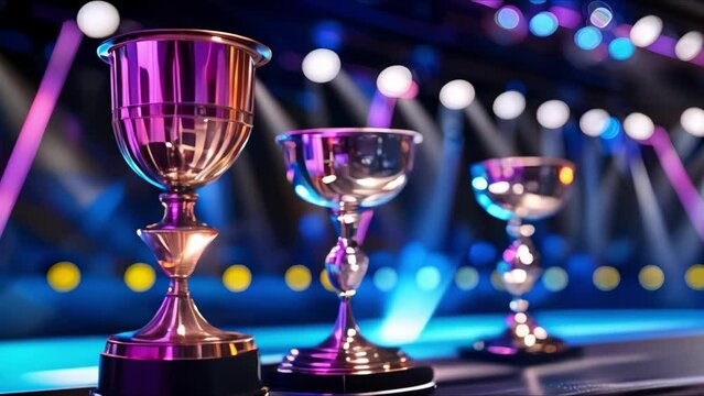 Podium with gold silver and bronze trophies on a stage background. Concept Stage Decor, Trophy Display, Podium Setup, Gold Silver Bronze Trophies, Award Ceremony