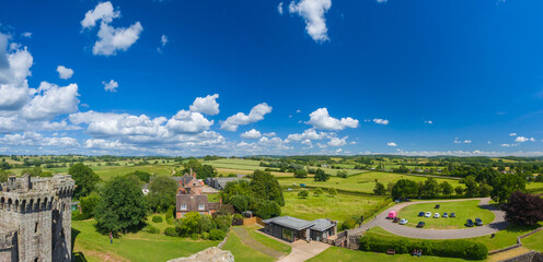 Panoramic view from the roof of Raglan Castle keep tower (Wales, United Kingdom)