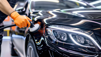 Obraz premium Car detailing and polishing concept. Hands of professional car service male worker, with orbital polisher, polishing black luxury car hood in auto repair shop