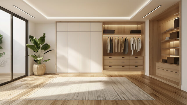 Minimal Dressing room and walk in closet with a white wardrobe