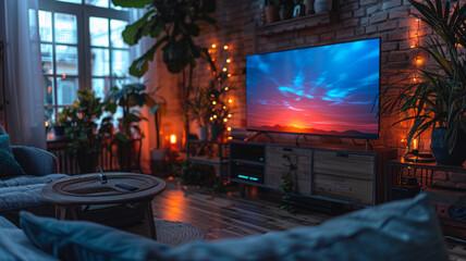 Obraz premium Smart TV with an empty blue screen in a modern living room, blending 3D illustration and matte painting,generative ai