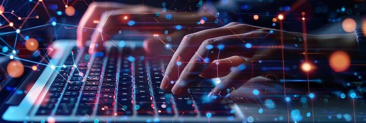 a person types on a black laptop with a black keyboard, while a blurry hand and a white hand are visible in the foreground