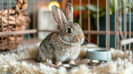 Fototapeta premium Adorable rabbit sitting in a cozy cage with food bowls, showcasing a warm and comfortable environment for pets. Perfect for animal lovers.