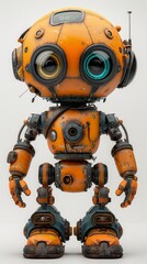 Adorable orange robot with large eyes and detailed mechanics standing in a tidy, minimalistic environment, showcasing a whimsical and futuristic design.