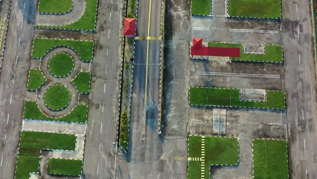 Aerial flyover the driving course of the training institution at Seri Manjung, Perak, Malaysia, driving course is designed for learners to practice and develop different skills.