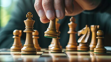 Close-up of a hand moving a chess piece on a wooden chessboard, focusing on strategy and concentration in a classic game of chess.