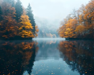 Mesmerizing Autumn Lake Landscape with Misty Morning Reflection